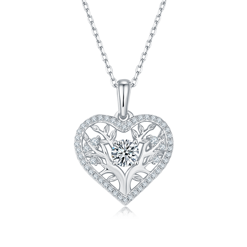 0.5 Carat Round Cut Moissanite Life Tree Heart Shape Sterling Silver Necklace