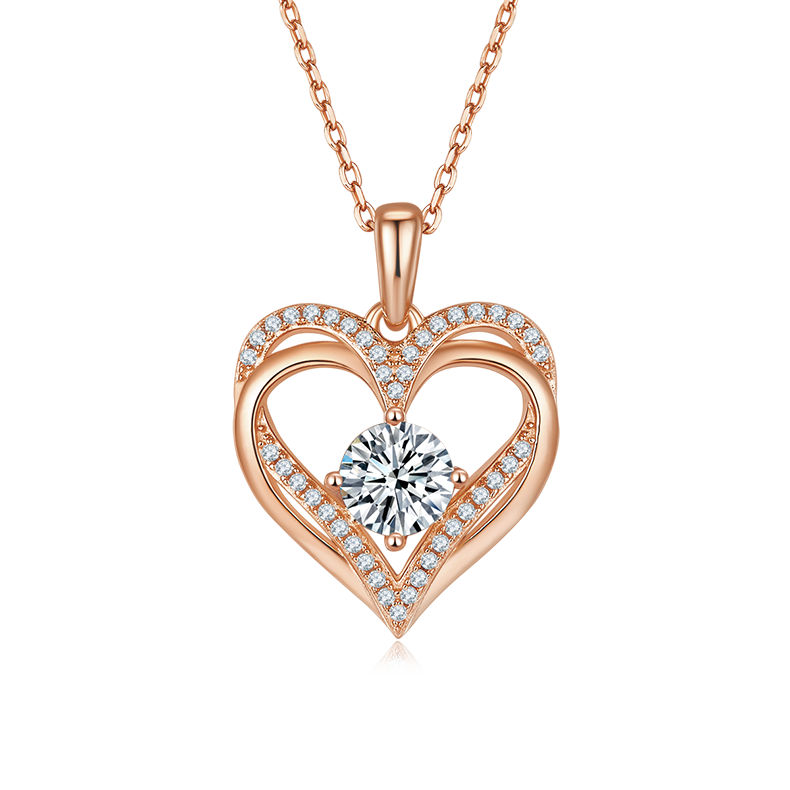 1.0 Carat Round Cut Moissanite Double Heart Sterling Silver Necklace