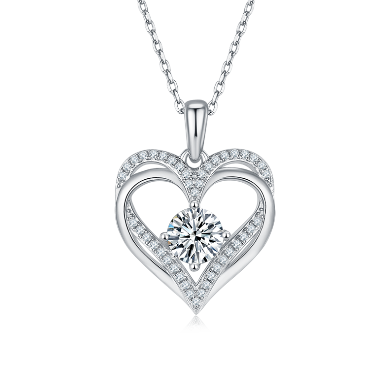 1.0 Carat Round Cut Moissanite Double Heart Sterling Silver Necklace