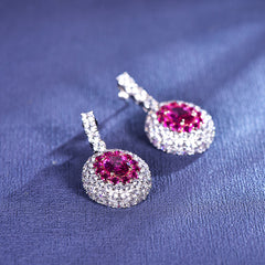 Soleste Halo Oval Lab-Created Ruby Pendant Moissanite Sterling Silver Drop Earrings