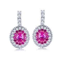 Soleste Halo Oval Lab-Created Ruby Pendant Moissanite Sterling Silver Drop Earrings