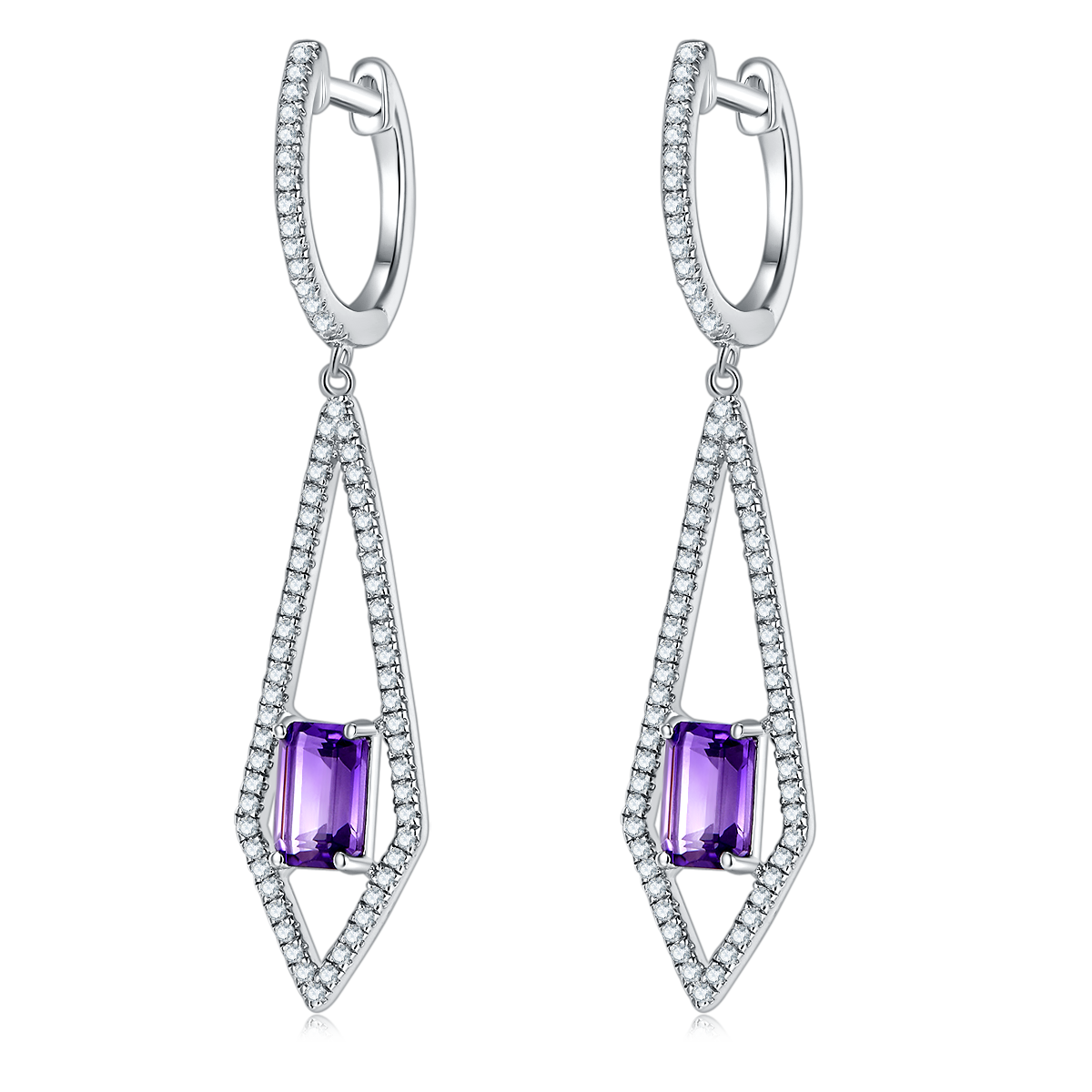 Rectangle Natural Amethyst Long Rhombus Pendant Sterling Silver Hoop Earrings