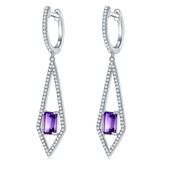 Rectangle Natural Amethyst Long Rhombus Pendant Sterling Silver Hoop Earrings