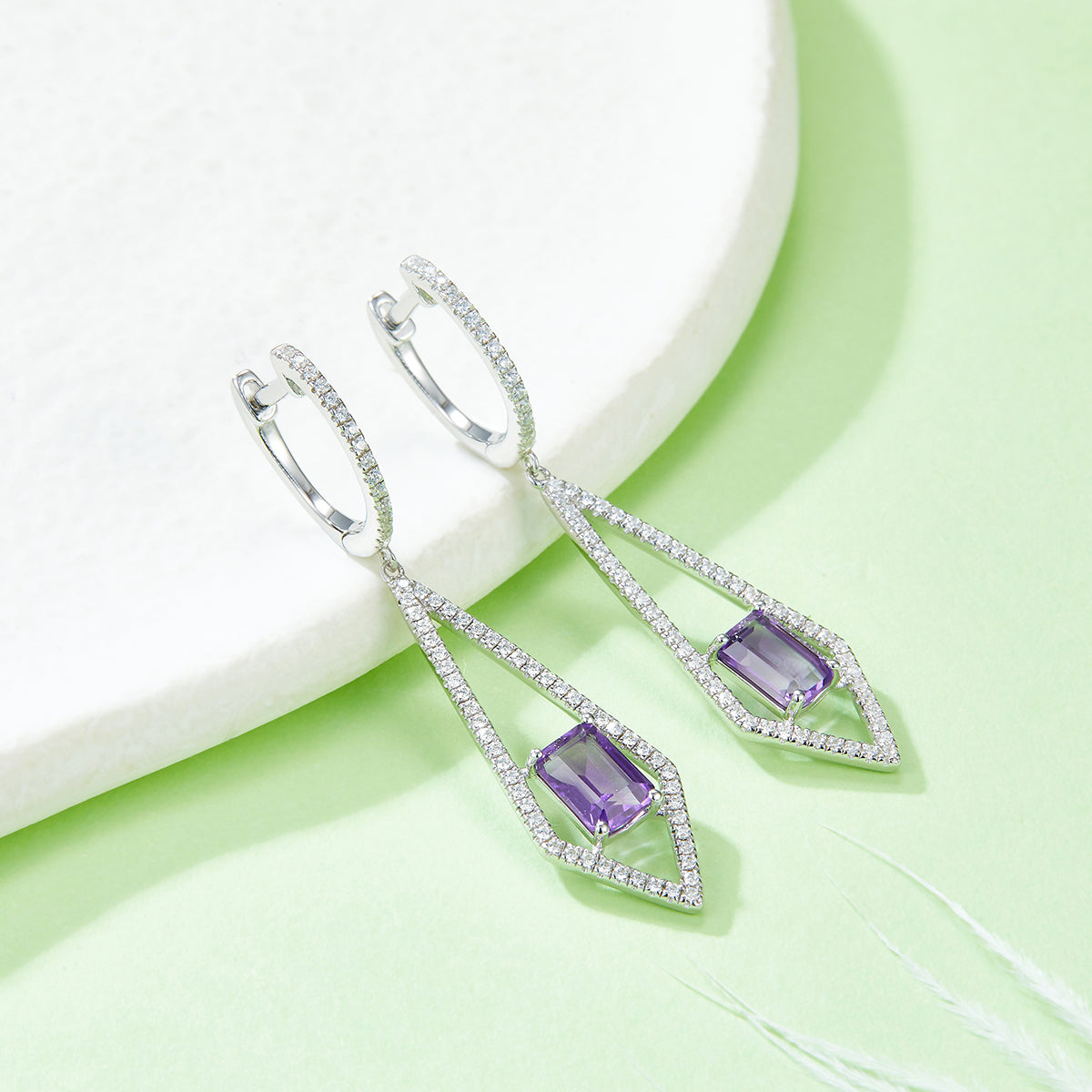 Rectangle Natural Amethyst Long Rhombus Pendant Sterling Silver Hoop Earrings