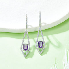 Rectangle Natural Amethyst Long Rhombus Pendant Sterling Silver Hoop Earrings