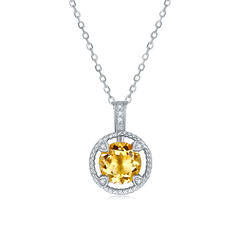 Round Cut Yellow Crystal Pendant Sterling Silver Necklace