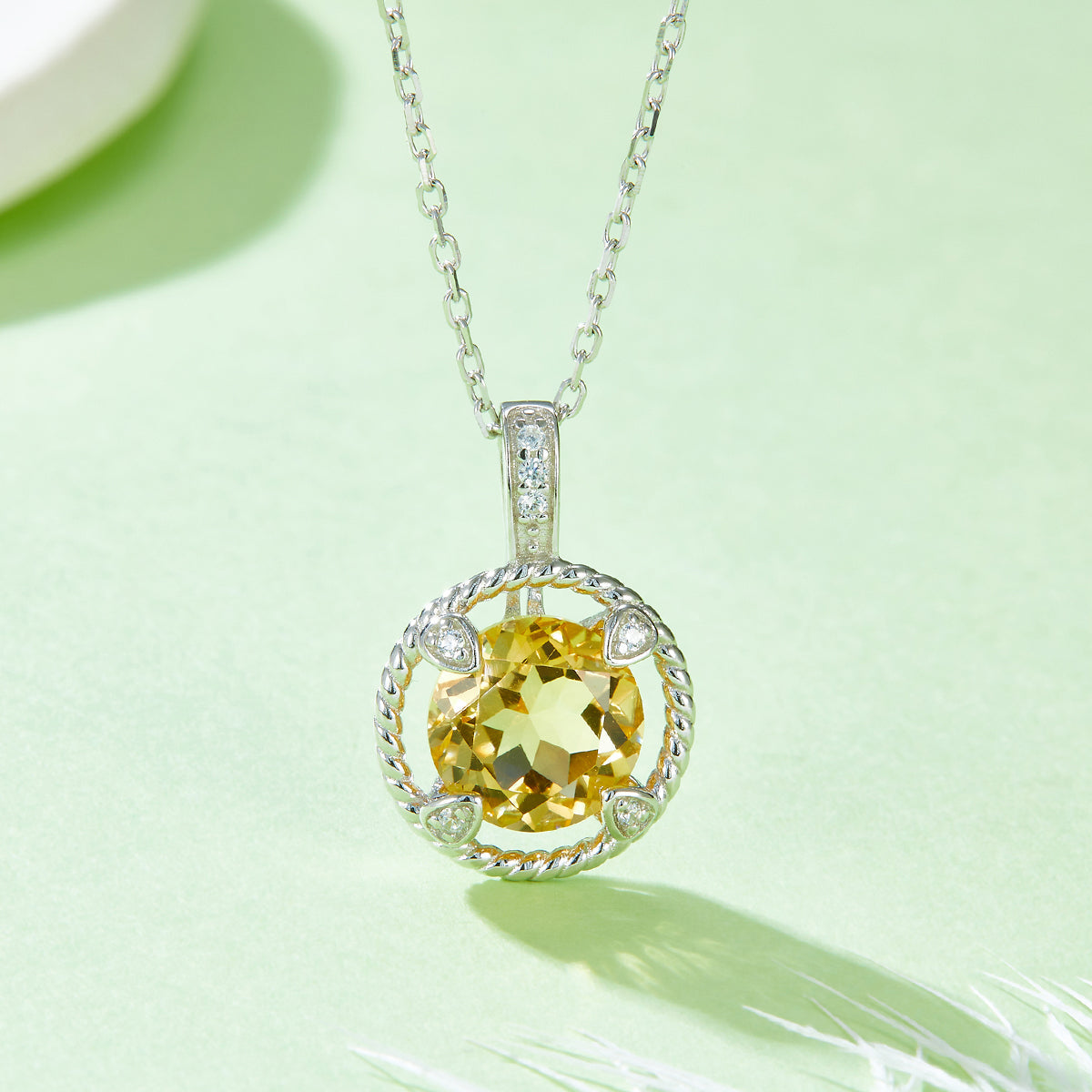 Round Cut Yellow Crystal Pendant Sterling Silver Necklace