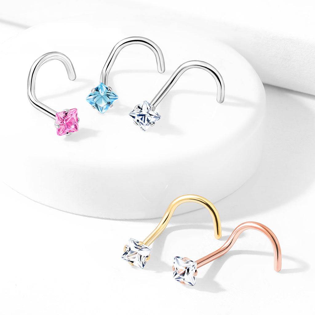 Rose Gold Plated Surgical Steel White Square CZ Gem Corkscrew Nose Ring Stud