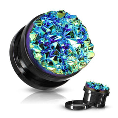 Screw On Blue Druzy Stone Black Ear Gauges Plugs