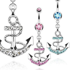 Ship Nautical Anchor CZ Gem Belly Button Navel Ring