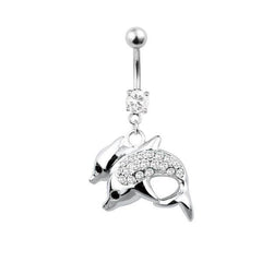 Surgical Steel 2 White CZ Gem Crystal Dolphins Dangle Belly Button Navel Ring