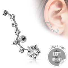 Surgical Steel Barbell with Prong Set Star and Trailing CZ Tail Ear Lobe Cartilage Stud