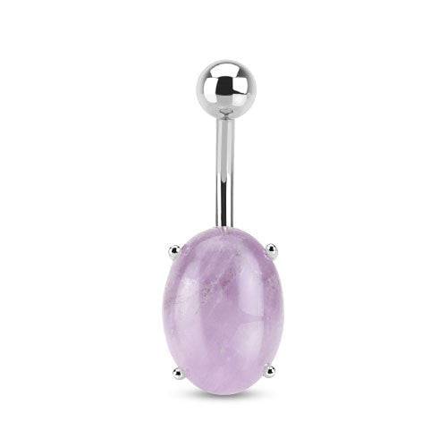 Surgical Steel Belly Button Navel Ring Bar with Amethyst Semi Precious Oval Stone