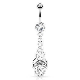 Surgical Steel Belly Button Navel Ring Bar with Clear White Oval CZ Pattern Dangle