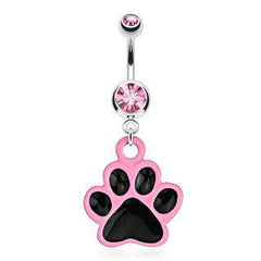 Surgical Steel Belly Button Navel Ring Bar with Dangling Black and Pink Paw