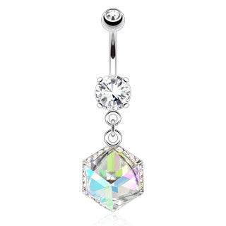 Surgical Steel Belly Button Navel Ring Bar with Dangling Cube Prism Box with Paved Gems