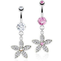 Surgical Steel Belly Button Navel Ring Bar with Dangling CZ Paved Flower Petal with Centre Gem