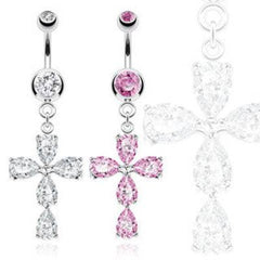 Surgical Steel Belly Button Navel Ring Bar with Dangling CZ Tear drop Religious Cross