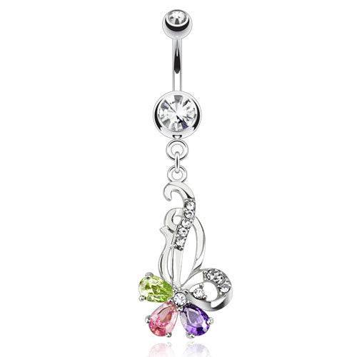 Surgical Steel Belly Button Navel Ring Bar with Swirl Multi Color Flower Dangle