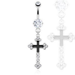 Surgical Steel Belly Button Navel Ring with Dangling Black Religious Cross with White CZ Gems