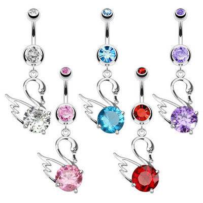 Surgical Steel Belly Button Navel Ring with Elegant CZ Swan Dangle