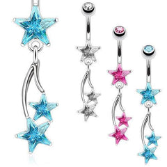 Surgical Steel Belly Button Navel Ring with Fixed Shooting Double Star Dangle