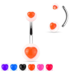 Surgical Steel Belly Ring Bar with Acrylic UV Heart Balls