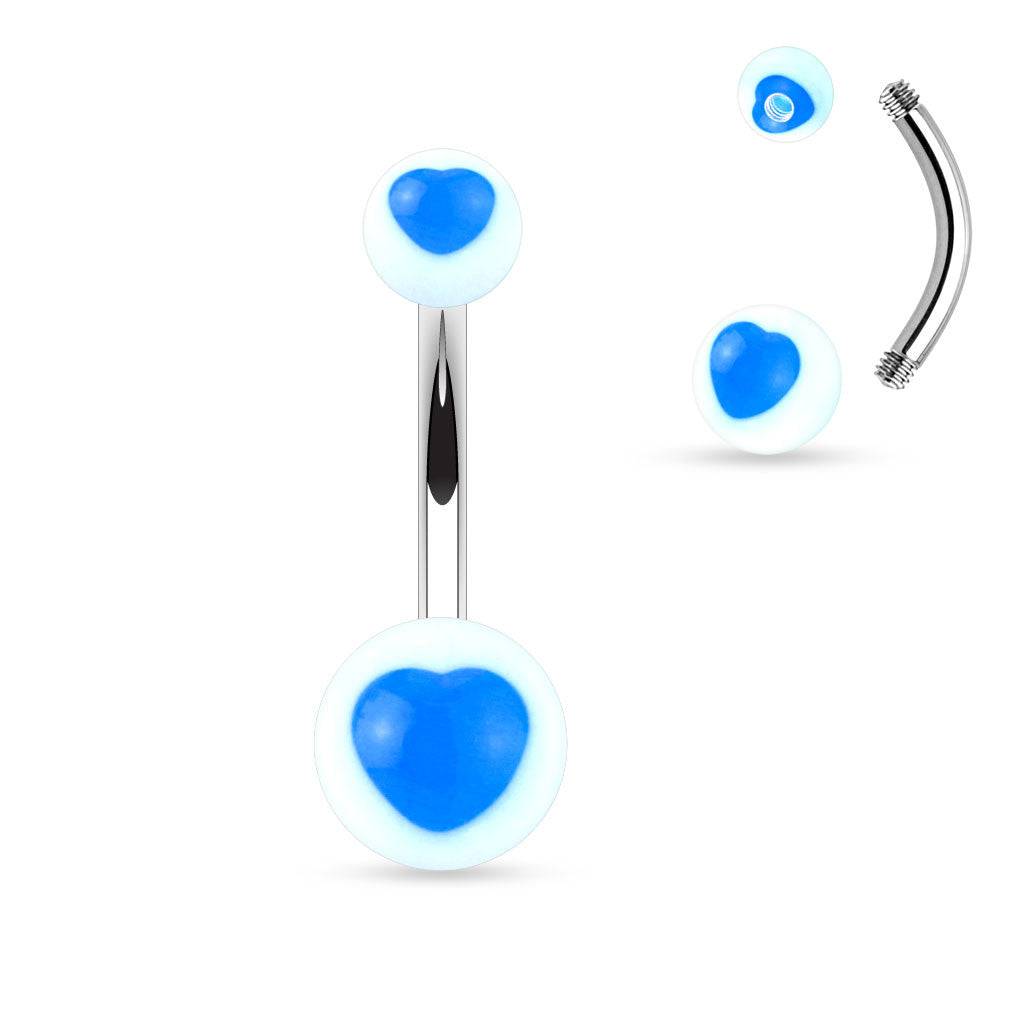 Surgical Steel Belly Ring Bar with Acrylic UV Heart Balls