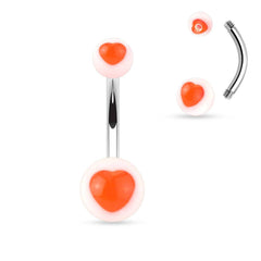 Surgical Steel Belly Ring Bar with Acrylic UV Heart Balls