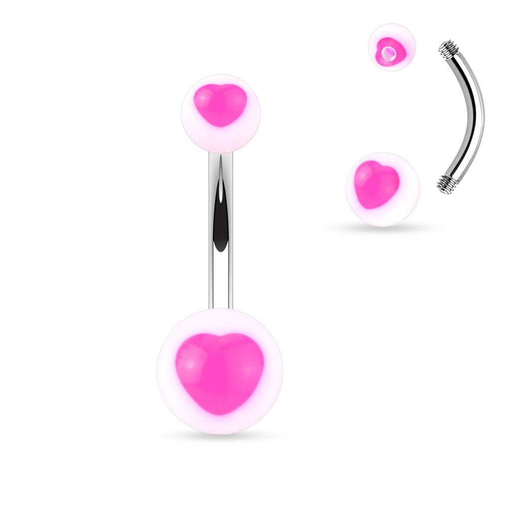 Surgical Steel Belly Ring Bar with Acrylic UV Heart Balls