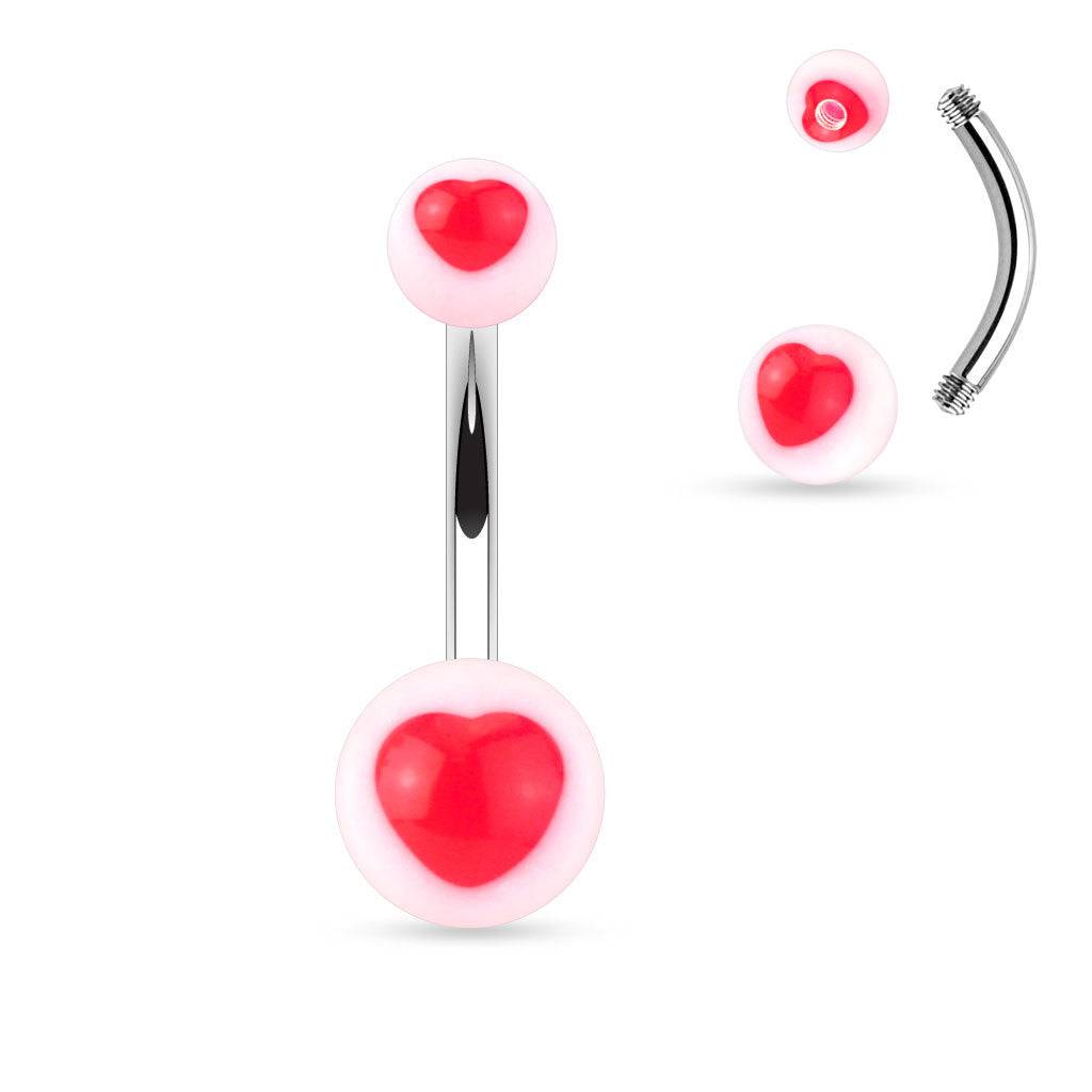 Surgical Steel Belly Ring Bar with Acrylic UV Heart Balls