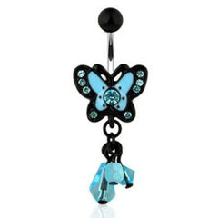 Surgical Steel Black & Blue Dangling Beaded CZ Butterfly Belly Button Navel Ring