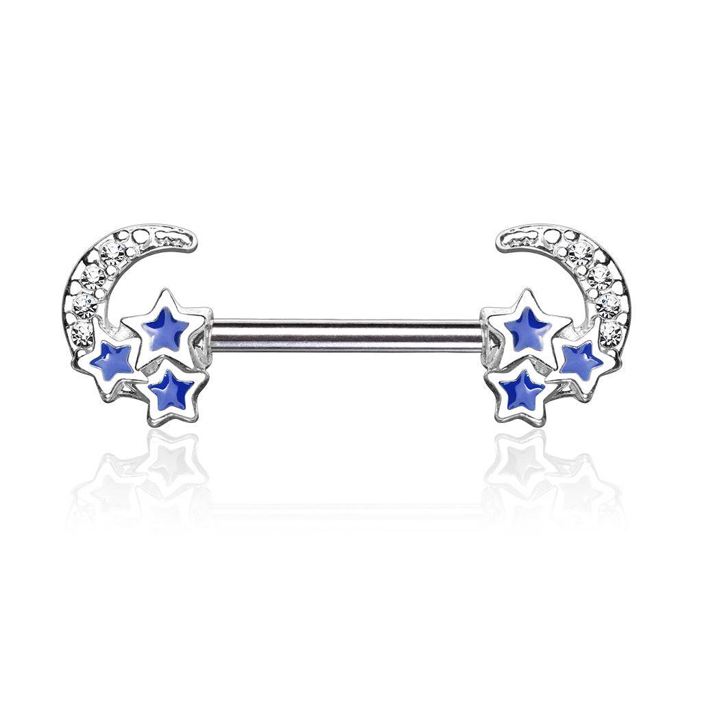 Surgical Steel Crescent Moon & Blue Stars Nipple Ring Barbell