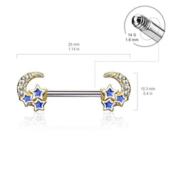 Surgical Steel Crescent Moon & Blue Stars Nipple Ring Barbell