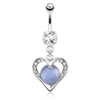 Surgical Steel Dangling Blue Cat`s Eye Heart Belly Button Ring
