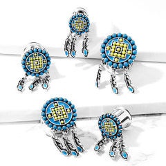 Surgical Steel Double Flared Turquoise Aztec Tribal Dream Catcher Ear Gauges Plugs