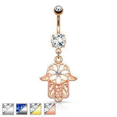 Surgical Steel Floral Hamsa Hand of Fatima CZ Dangling Belly Button Navel Ring