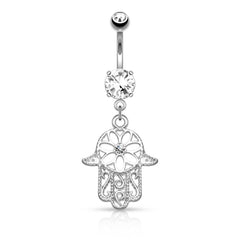 Surgical Steel Floral Hamsa Hand of Fatima CZ Dangling Belly Button Navel Ring