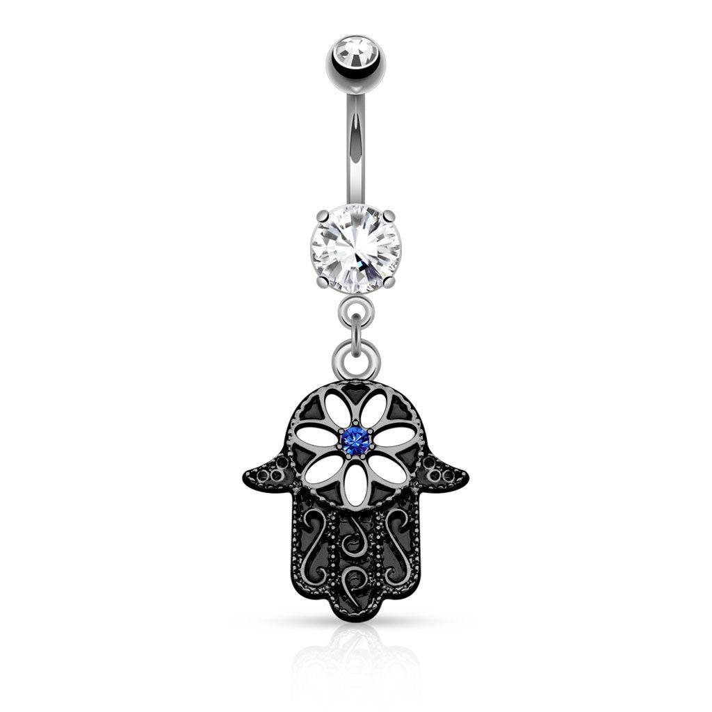 Surgical Steel Floral Hamsa Hand of Fatima CZ Dangling Belly Button Navel Ring