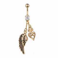 Surgical Steel Gold Angel Wing Feather and Heart Long Belly Button Navel Ring Dangle