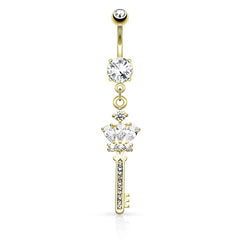 Surgical Steel Gold Plated CZ Crown and Key Dangling Belly Button Navel Ring