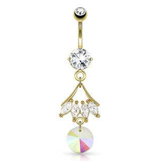 Surgical Steel Gold Plated Dangling CZ Leaf Prism Belly Button Navel Ring
