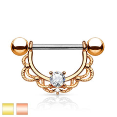 Surgical Steel Gold Plated Laced Single Gem Nipple Ring Shield Barbell