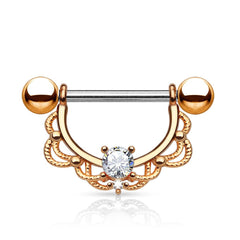 Surgical Steel Gold Plated Laced Single Gem Nipple Ring Shield Barbell