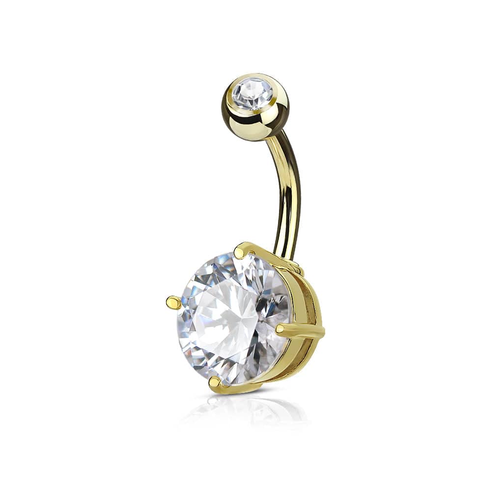 Surgical Steel Gold Plated Prong White CZ Classic Belly Button Ring