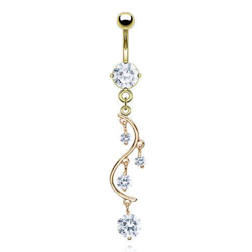 Surgical Steel Gold Plated Vine CZ Dangling Belly Ring