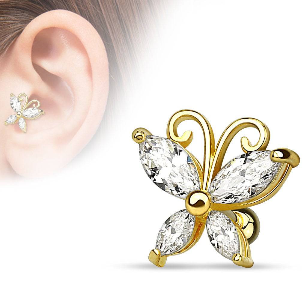 Surgical Steel Gold Plated White CZ Ball Back Ear Cartilage Helix Stud