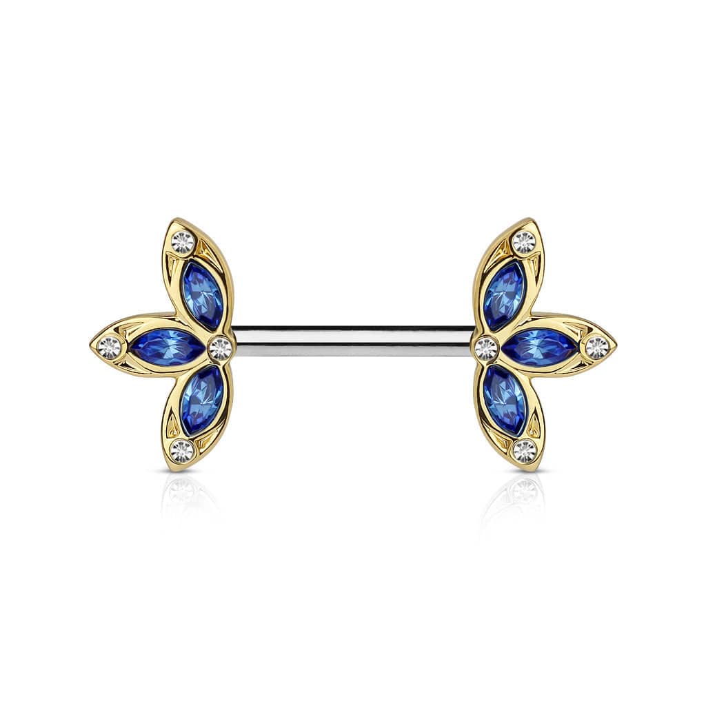 Surgical Steel Gold PVD Petal Nipple Ring Barbell with Blue CZ