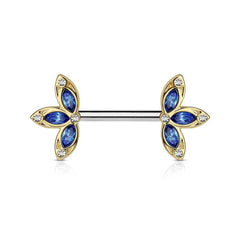 Surgical Steel Gold PVD Petal Nipple Ring Barbell with Blue CZ