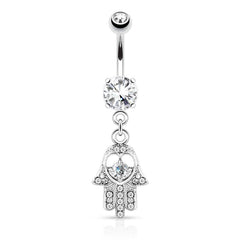 Surgical Steel Hamsa Hand Paved CZ Belly Button Dangle Navel Ring